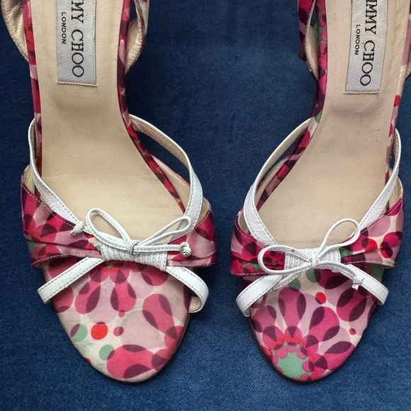 Jimmy Choo Multicolor Floral Print Satin Women’s Sling back Sandals Size‎ 39 1/2 - Picture 4 of 8